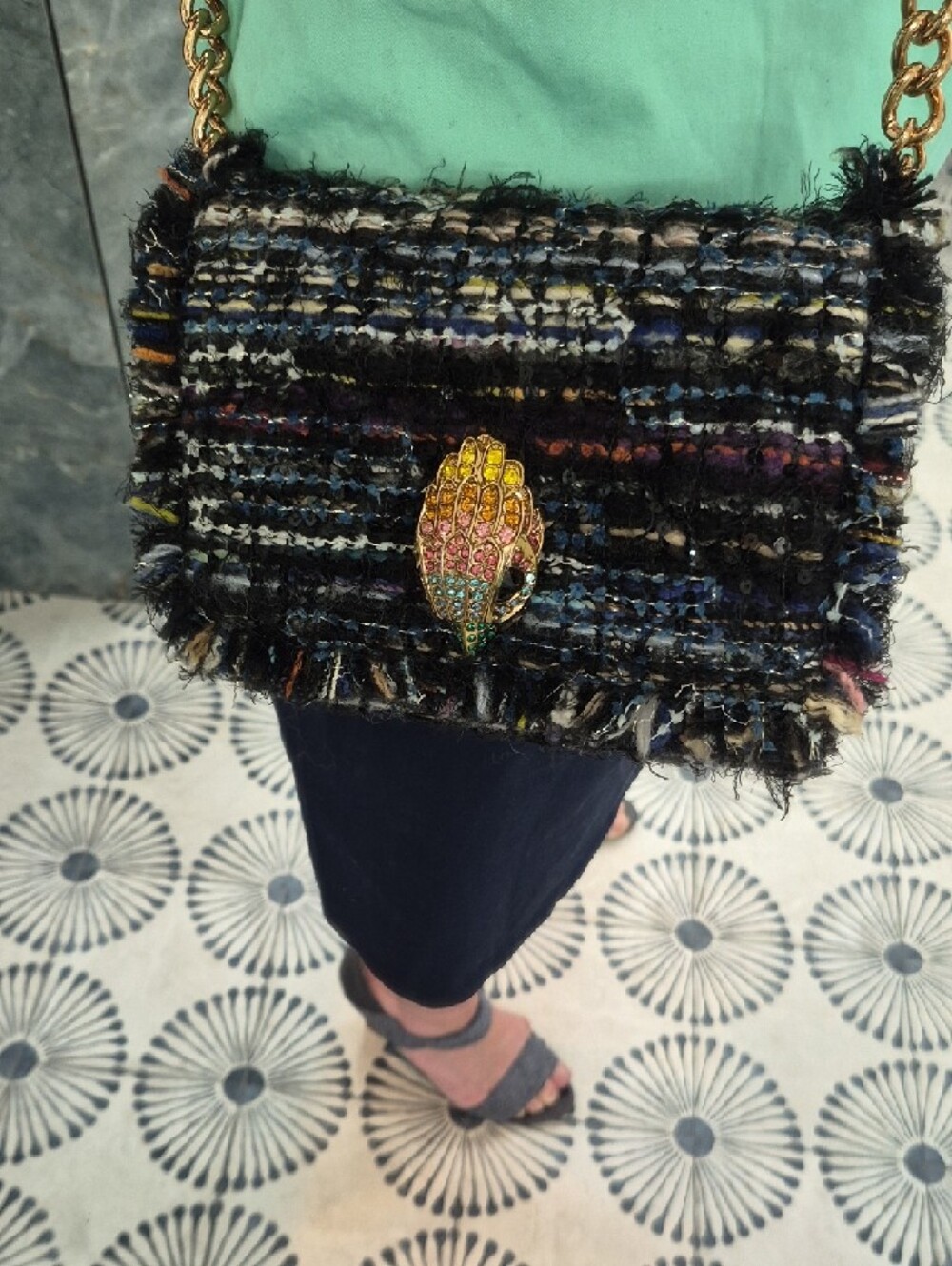 Kurt Geiger Multicolored  Navy/Blk Tweed Crossbody W/Gold Chain